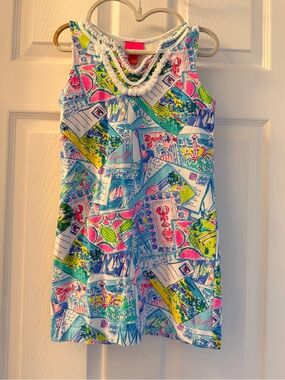Lilly Pulitzer Girls Bright Multi-Color Postcard Print Dress